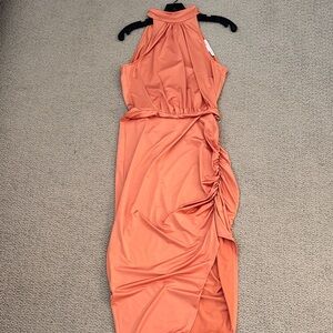 Veronica Beard Coral One-Shoulder Ruched Midi Dress